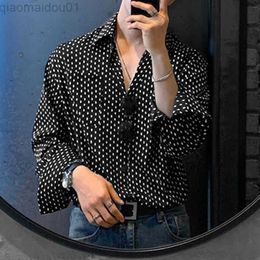 Men's Casual Shirts Fashion Men Shirt Polka Dot Print Lapel Long Sleeve Oversize Button Men Clothing 2023 Korean Style Casual Shirts S-5XL L230721