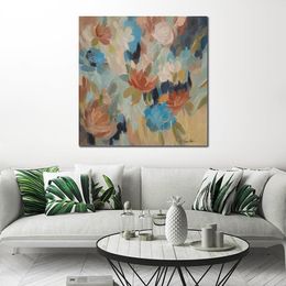 Abstract Canvas Art Blue and Siena Floral Hand Painted Artwork Painting for Office Space Modern Decor