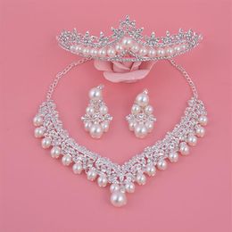 Bride Crystal Pearl Costume jewelry sets New Design Rhinestone Choker Necklace Earrings Tiara Bridal Women Wedding Jewelry Set272F