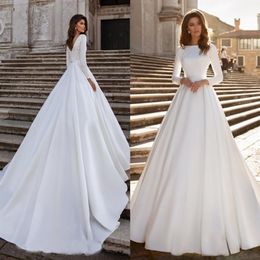 New A-line Wedding Dress Ivory Satin Elegant Long Sleeve Backless Lace Appliques Bride Gowns Abito Da Sposa 2023 vestidos de noiva293t