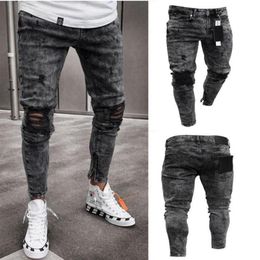 Mens Desiner Jeans Snow Grey Spark Draped Washed Long Pencil Pants Fashion Elastic Knee Holes Zipper Jeans223S