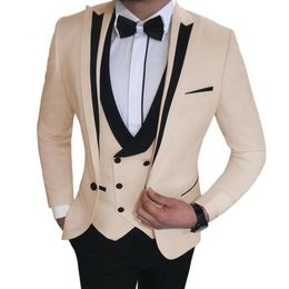 Suit Men 3 Pieces Slim Fit Business Casual Notched Lapel Groomsmen Beige Black Grey Tuxedo for Wedding Jacket Vest Pants 316f