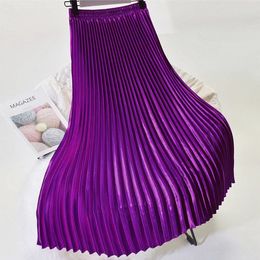 Skirts Korean Women Fashion Pleated Satin Long Skirt Autumn High Waist Metallic Purple Green Yellow Red Skirts All-match Saia SS0036 230720