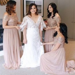 Blush Sequined Bridesmaid Dresses 2020 Off Shoulder Sweep Train Garden Country Plus Size Wedding Guest Evening Party Gowns Maid Of243F