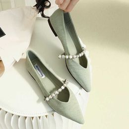 Dress Shoes Striped Microfiber Ballet Shoes Ladies Pearl Belt Flats Women Green Loafers Pointed Toe Moccasins Femme Dress Ballerina Shoes L230721