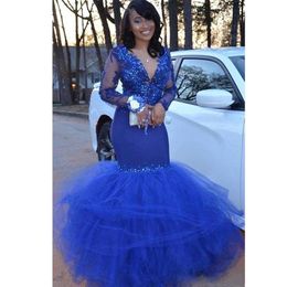 Vintage Royal Blue Mermaid Prom Dresses With Full Sleeve Deep V Neck Appliques Puffy Bottom Africa Dress Plus Size Satin Evening P334O