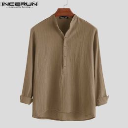 Men's Casual Shirts Vintage Men Casual Shirt Long Sleeve Cotton Linen Stand Collar Solid Business Streetwear Henley Shirts Men Harajuku 2023 L230721