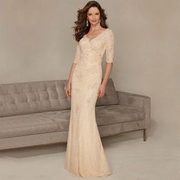 New Champagne Mother of the Bride Dresses Long Elegant Beaed Sequined Pleats V-Neck Mermaid Groom Wear Half Sleeve Lace Formal Gow296S