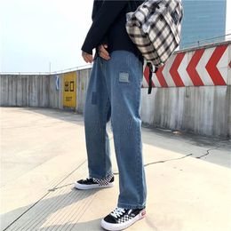 Fashion 2020 teenagers Denim Jeans men's loose feeling wide leg embroidery ankle length pants Korean wild pants old Denim257N