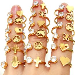 36pcs Gold-Plated Cute Mix Women's Stainless Steel Zircon Heart Charm Ring Girls Sweet Party Jewellery Gift