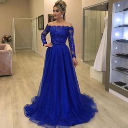 Royal Blue Lace Prom Dresses A Line Long Sleeve Evening Gowns 2020 Sexy Illusion Jewel Neck Party Formal Women's Dress267P
