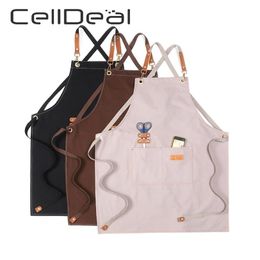 Kitchen Chef Canvas Aprons Multi Pockets Multipurpose Work Apron For Bar Restaurant Grill Cafe Barbecue Milk Tea Shop Garden 21062241N