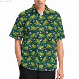 Men's Casual Shirts Frog Tropical Casual Shirts Lily Pad Dragonfly Fish Pond Animals Vacation Shirt Hawaii Y2K Blouses Male Pattern Plus Size 4XL L230721