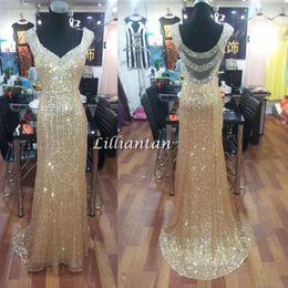 Elegant Gold Sequins Celebrity Dresses Sparkly Beaded Collar Long Formal Evening Gowns Reception Gowns Red Carpet Dresses Banquet 304I