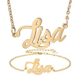 Nameplate Necklace Bracelet Set for Women Lisa Letter Gold Choker Chain Name Pendant Charm Girl frined Birthday Gi293J