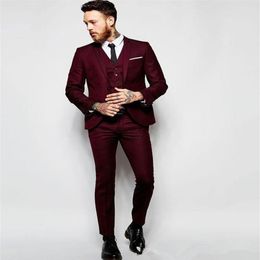 Handsome Burgundy Wedding Tuxedos Slim Fit Suits For Men Groomsmen Suit Three Pieces Cheap Prom Formal Suits Jacket Pants Vest285T