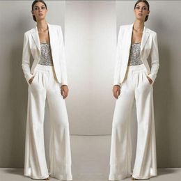 2022 New Bling Sequins Ivory White Pants Suits Mother Of The Bride Dresses Formal Chiffon Tuxedos Women Party Wear Fashion Modest2905