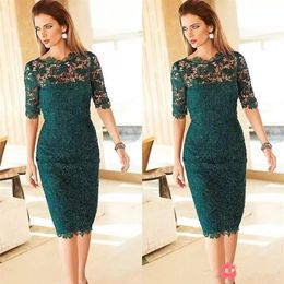 Gorgeous Lace Mother of the Bride Groom Dresses Sheath Mother's Dresses Tea Length Emerald Green Half Sleeves Cocktail Party 233G