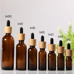 Amber Empty Glass Bottles For Essential Oil E Liquid Refillable Container With Bamboo Cap And Glass Pipette Wixlr