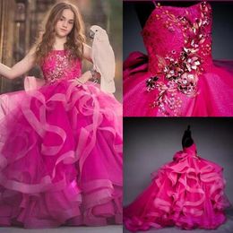 2021 Fuchsia Flower Girls' Dresses Spaghetti Straps Tiered Ruffles Embroidery Handmade Flowers Beaded Crystals Sequins Pagean319W