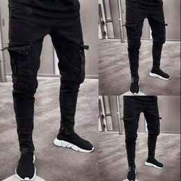 Mens Jeans Fashion Black Jean Men Denim Skinny Biker Jeans Destroyed Frayed Slim Fit Pocket Cargo Pencil Pants Plus Size S-3XL262z