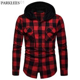 Men's Casual Shirts Fashion Red Black Plaid Hoodie Shirt Men Slim Fit Long Sleeve Mens Hooded Shirts Hipster Buff Plaid Shirt With Double Pockets L230721