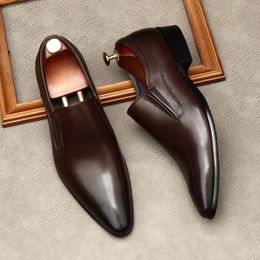 Pointed Toe Mens Dress Shoes Luxury Genuine Leather 2023 Summer New Slip on Black Wedding Social Loafers Casual Business Shoes