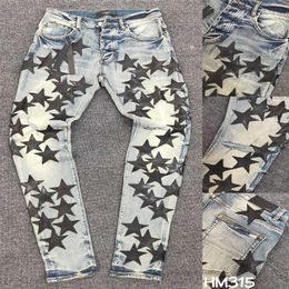 FALECTION MENS 21SS AMIMIKE JEANS DISTRESSED LEATHER STARS PATCH RIPPED DENIM jeans2739