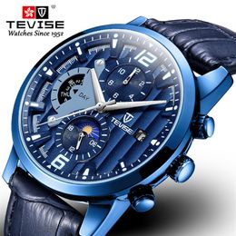 TEVISE New Fashion Men Automatic Watch Leather Strap Waterproof Sport Clock Luxuxry Moon phase Date Mechanical Wristwatch286m