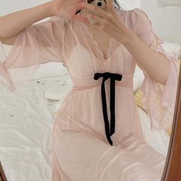 Women's Sleepwear Female Long Nightgown Elegant Mesh Perspective Nightdress Sexy Half Sleeve Bathrobe Gown Nightwear Loose Home Wear