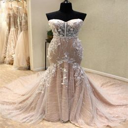 Fantastisches echtes Bild Meerjungfrau-Hochzeitskleid, durchsichtig, Spitze, neues Brautkleid, Champagner-Applikation, maßgeschneiderter Tüll, wunderschön, Sweethe202Z