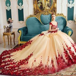 Princess Champagne With Red Flora Quinceanera Dresses Ball Gown Cap Sleeve Sheer Neck Peplum Pageant Gowns For Teens Vestidos de 1301G