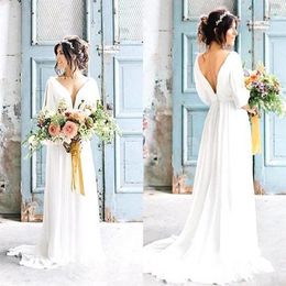 Abiti da sposa casual da spiaggia mezza manica scollo a V profondo Bakcless chiffon lunghezza del pavimento abiti da sposa abiti da noiva taglia personalizzata2824