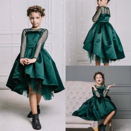 Dark Green Flower Girls Dresses Tulle Long Sleeves High Low Satin Kids Wedding Party Gowns Girl Pageant Dress Birthday Kids Commun255q