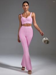 Women's Two Piece Pants Bandage Set Top And Women Wide Leg Elegant Sexy Pink 2 Evening Party Club Outfits Summer 2023