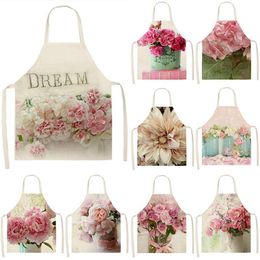 Aprons Pink Rose Flower Pattern Kitchen Sleeveless Cotton Linen Bibs 53 65cm Household Women Cleaning Cooking Apron 46424240T