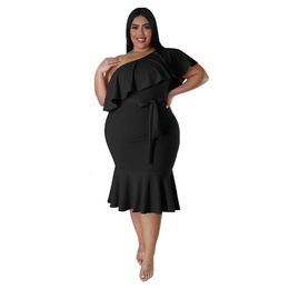 Plus size Dresses Summer Plus Size Ruffkes Women Party Dress with Belt 3XL 4XL Short Sleeves Sexy Ladies Club Casual Mermaid Dresses 230720