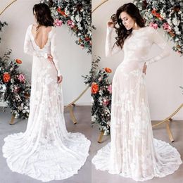 2020 Bohemian Long Sleeves Wedding Dresses Lace Jewel Neck Backless Sweep Train Custom Made Plus Size Wedding Gowns vestido de nov280H