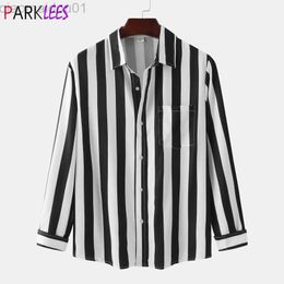 Men's Casual Shirts Black White Vertical Striped Shirt for Men 2023 Brand New Long Sleeve Hit Colour Shirts Mens Casual Regular-Fit Elastic Chemise L230721