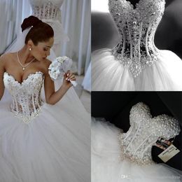 Princess Ball Gown Wedding Dresses Pearl Plus Size Country Bride Dress Puffy Tulle Bling Strapless Boho Bridal Gowns Corset Back 2256C