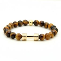 1PCS Real Gold Plated Metal Bracelet New Barbell & 8mm Grey Picture Jasper A Grade Tiger Stone Beads Fitness Fashion Dumbbell2650