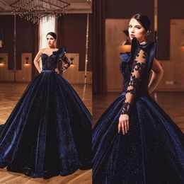 2022 Navy Velvet Ball Gown Quinceanera dresses Long Caftan Party Crystals Beading Evening Gowns Vestidos Formals Dubai Dress C0620236U