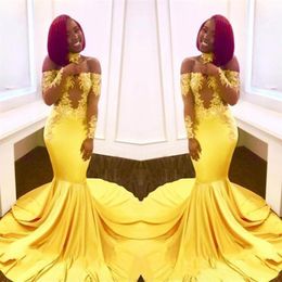 Newest Sexy Yellow Black Girls Mermaid Prom Dresses Lace Long Sleeves Backless Satin Floor Length Formal Party Wear Evening Gowns 212N