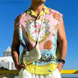 Men's Casual Shirts 2022 Summer Sleeveless Shirt Men Fashion Loose Mens Casual Shirts Comfortable All Match Thin Hawaii Print Beach Shirt Men Dress L230721