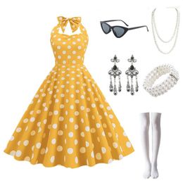 Stage Wear Vintage 50s 60s Women's Party Dress Summer Polka Dot Halter Hepburn Robe Pin Up Rockabilly Dresses Vestidos Para Mujer