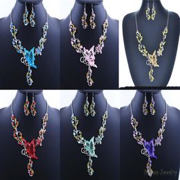 6 Colours Women Butterfly Flower Rhinestone Pendant Statement Necklace Earrings Jewellery Set Fashion Jewellery Bridal Wedding Dress Je300C