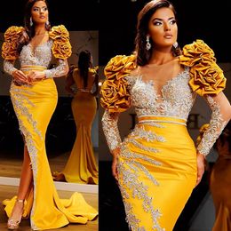 2021 Plus Size Arabic Aso Ebi Yellow Sparkly Mermaid Prom Dresses Sheer Neck Sequined Evening Formal Party Second Reception Gowns 206n