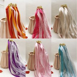 Banner Flags 20/50Pcs Lace Ribbon Wedding Decorate Wands with Gold Bell Wedding Ribbon Fairy Stick Twirling Streamers Party Prop Wands 230720