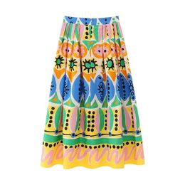 Skirts TRAF A-line Pleated Vintage Stripe Colourful Printed Mid Length Skirt Hidden In-seam Zip Closure Summer Active Skirts 230720