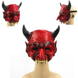 Cosplay Creepy Terrible Devil Red Demon Evil Horn Teeth Scary Halloween Mask Full Face Costume Prop for Carnival Themed Party